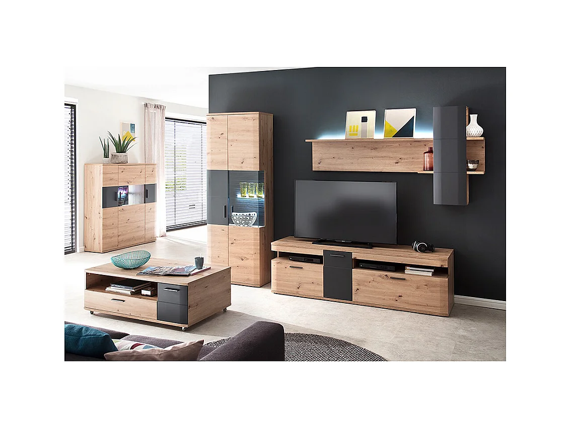 Vaisselier coloris chêne massif / graphite - Longueur 120 x Hauteur 134 x Profondeur 37 cm