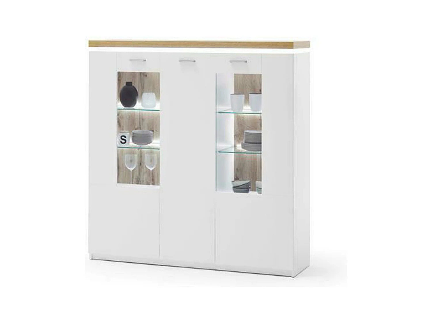 Buffet / Vaisselier coloris chêne Wotan et blanc - Longueur 138 x Hauteur 144 x Profondeur 38 cm