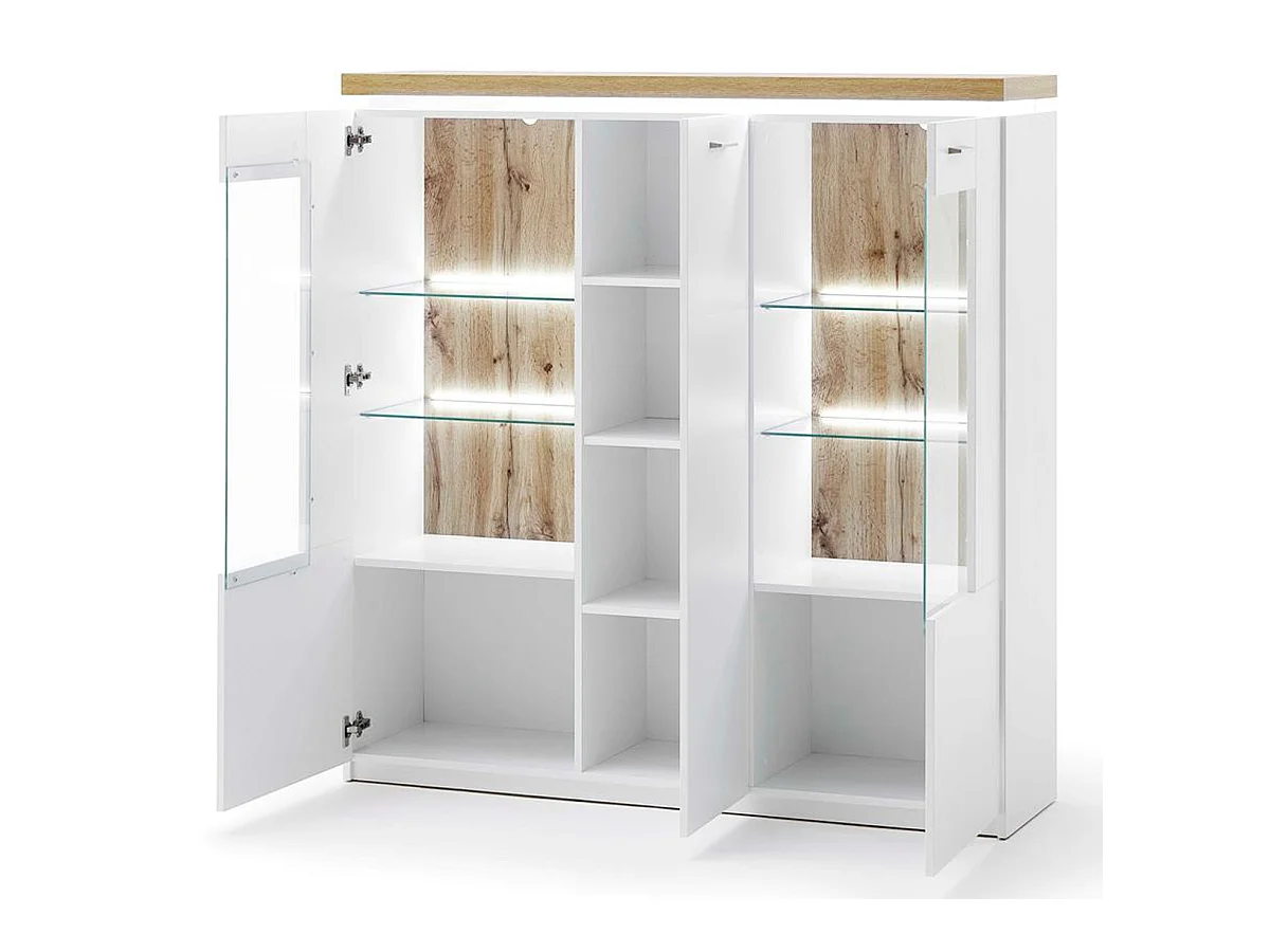 Buffet / Vaisselier coloris chêne Wotan et blanc - Longueur 138 x Hauteur 144 x Profondeur 38 cm