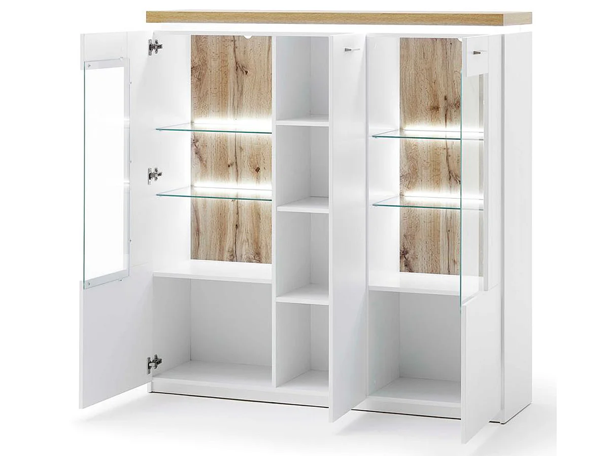 Buffet / Vaisselier coloris chêne Wotan et blanc - Longueur 138 x Hauteur 144 x Profondeur 38 cm