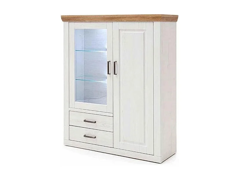 Buffet / Vaisselier en pin blanc et chêne avec LED - L.118 x H.142 x P.40 cm