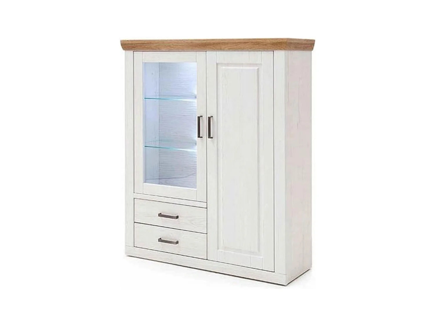 Buffet / Vaisselier en pin blanc et chêne avec LED - L.118 x H.142 x P.40 cm