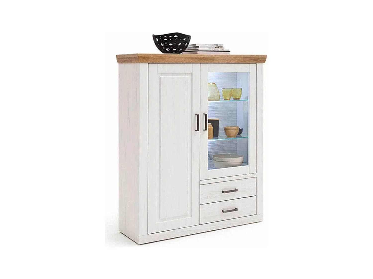 Buffet / Vaisselier en pin blanc et chêne avec LED - L.118 x H.142 x P.40 cm