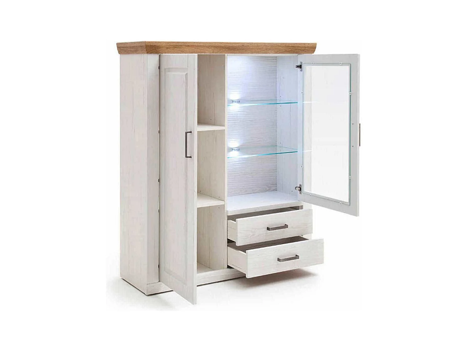 Buffet / Vaisselier en pin blanc et chêne avec LED - L.118 x H.142 x P.40 cm
