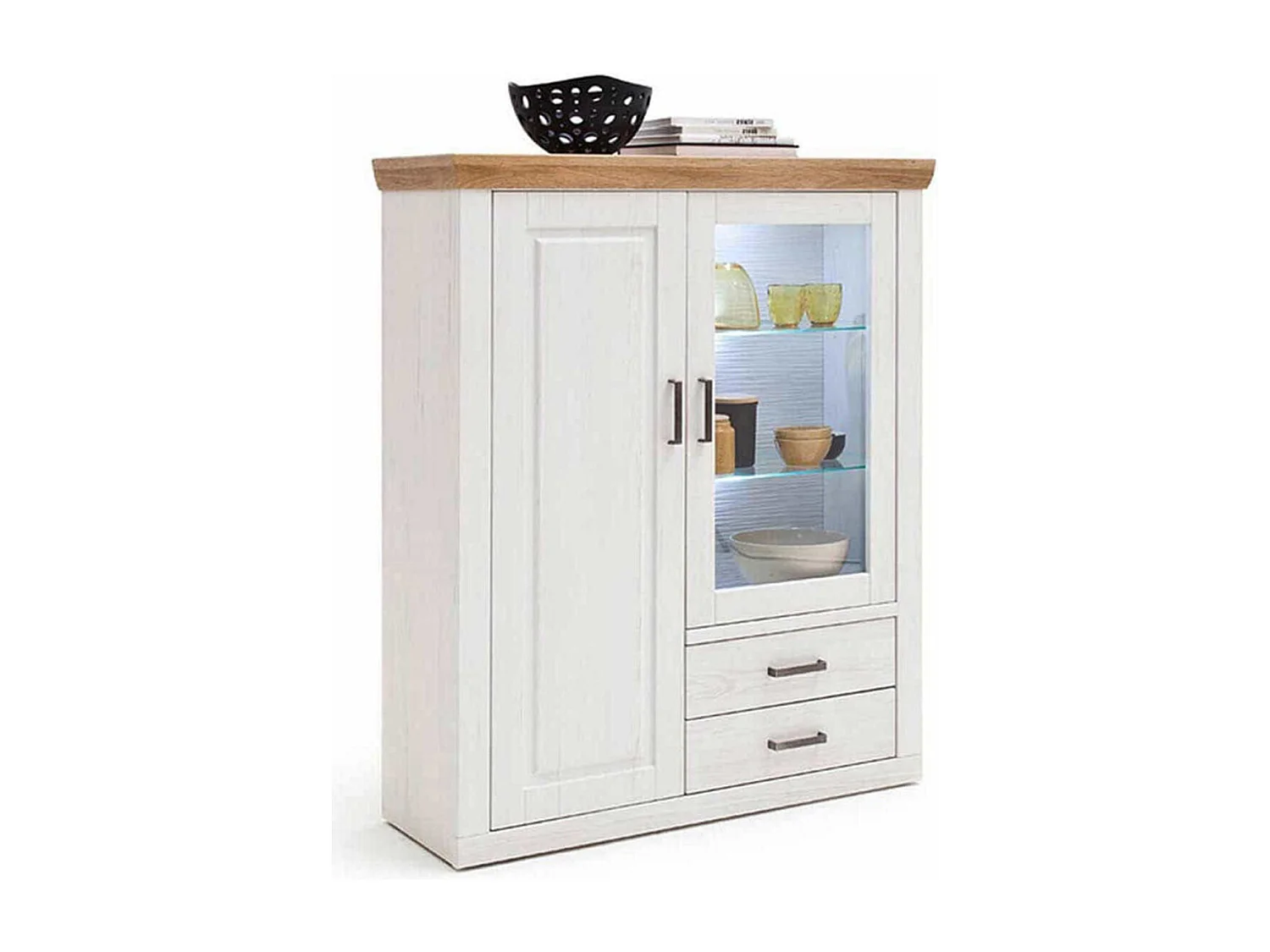 Buffet / Vaisselier en pin blanc et chêne avec LED - L.118 x H.142 x P.40 cm