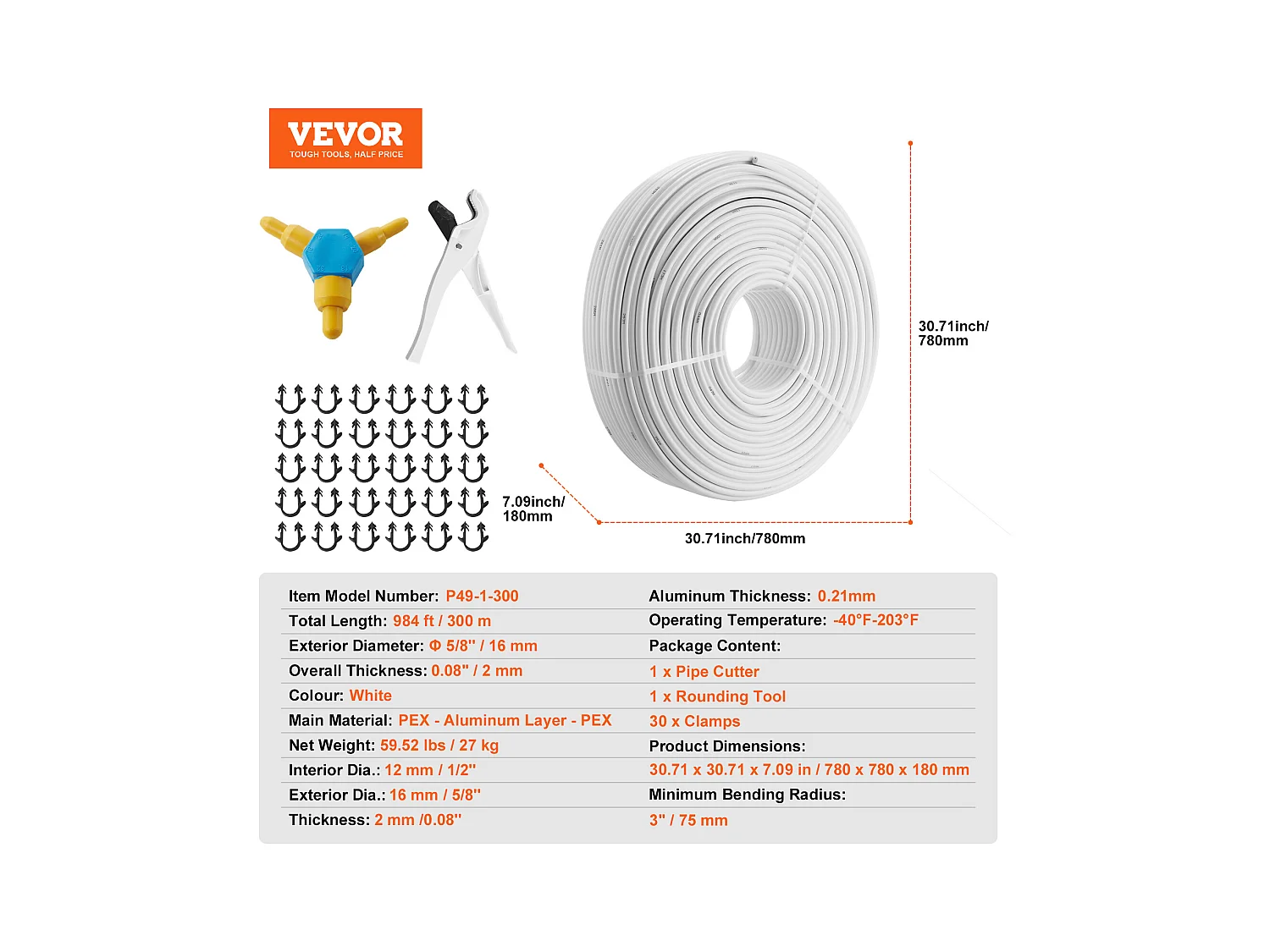 Tube PEX-AL-PEX SucceBuy 984 Pi, Composite Aluminium-Plastique, Barrière à L'oxygène