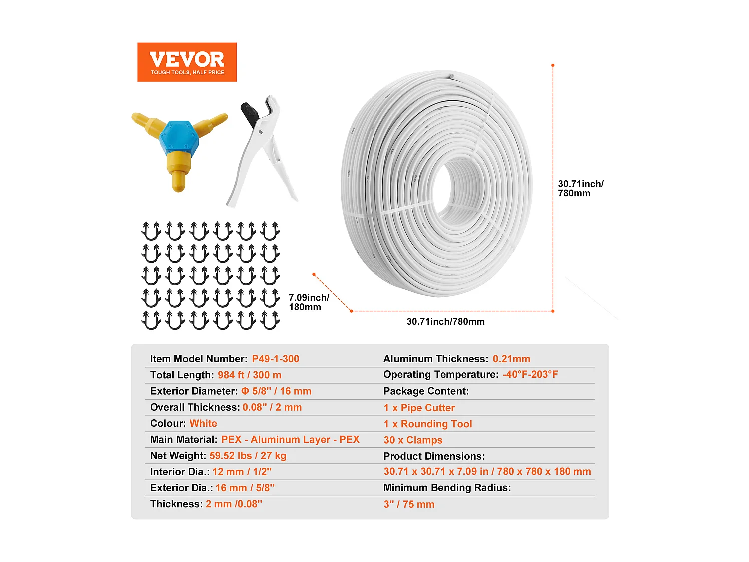 Tube PEX-AL-PEX SucceBuy 984 Pi, Composite Aluminium-Plastique, Barrière à L'oxygène