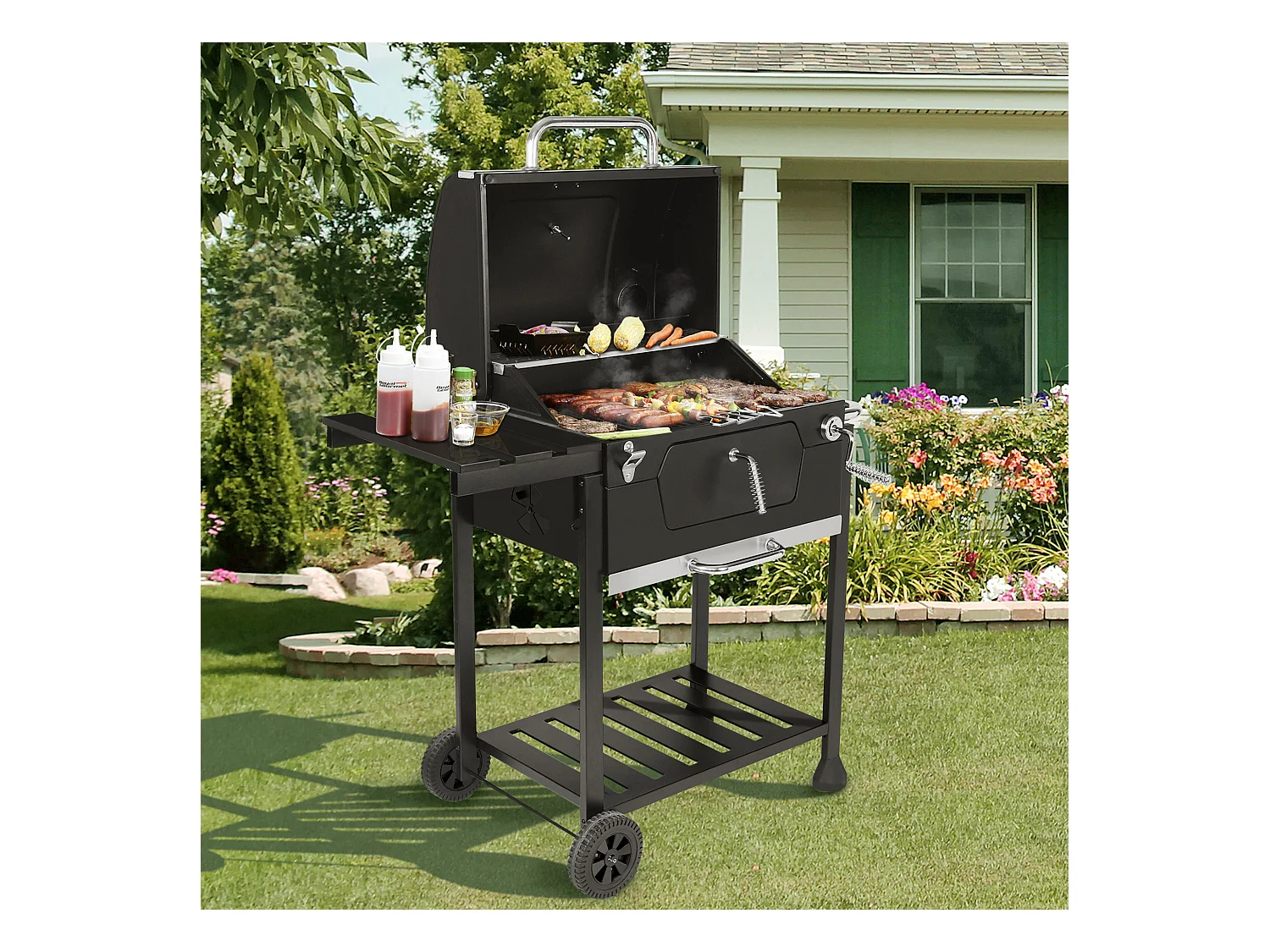 Barbecue à Charbon de Bois - Grilles de Cuisson en Acier Émaillé - Noir - 100 x 64,5 x 104,5 cm