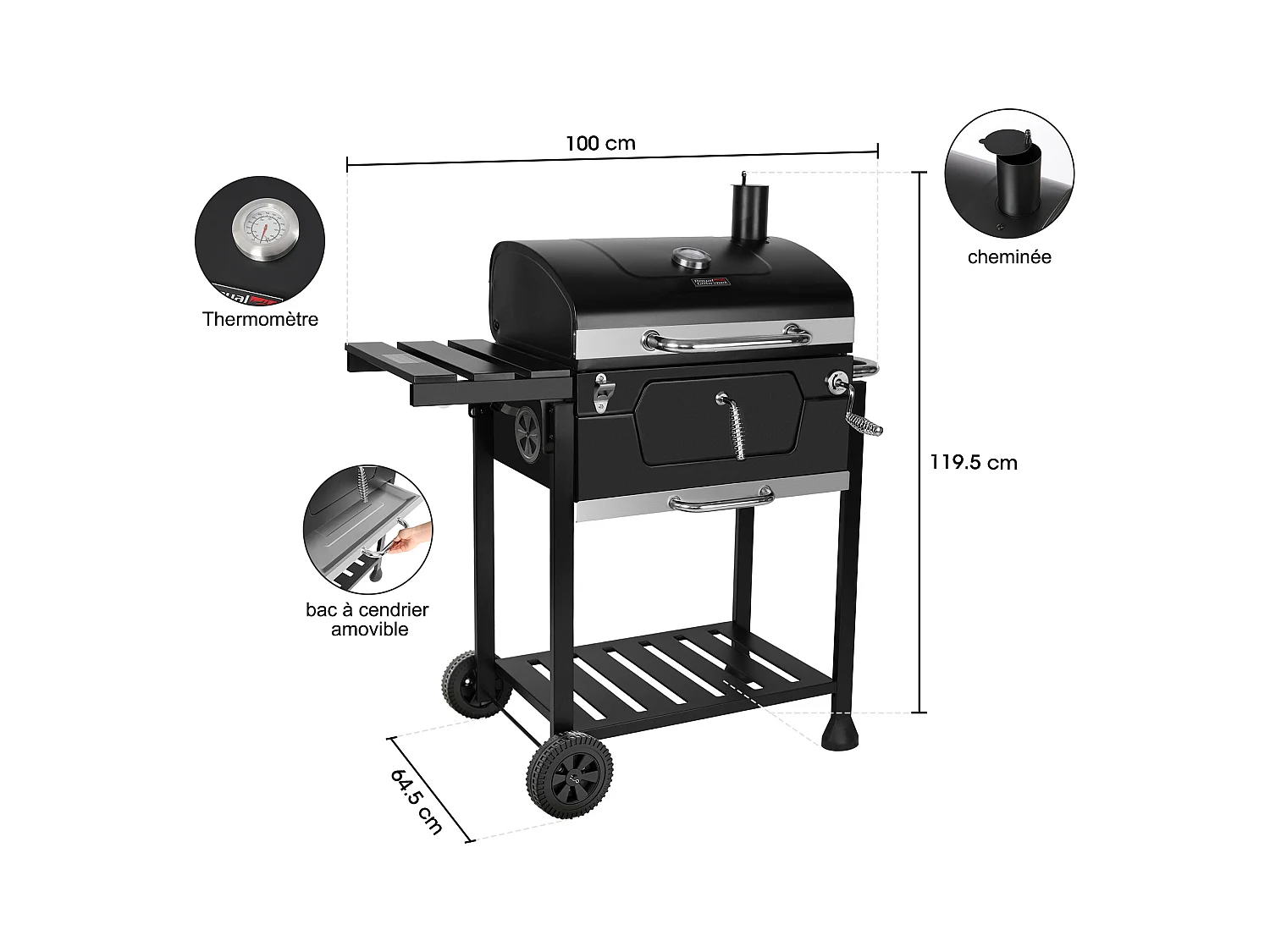 Barbecue à Charbon de Bois - Grilles de Cuisson en Acier Émaillé - Noir - 100 x 64,5 x 104,5 cm