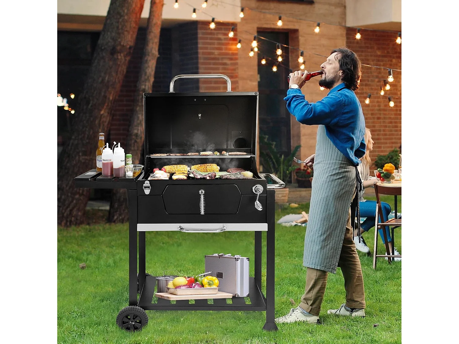 Barbecue à Charbon de Bois - Grilles de Cuisson en Acier Émaillé - Noir - 100 x 64,5 x 104,5 cm