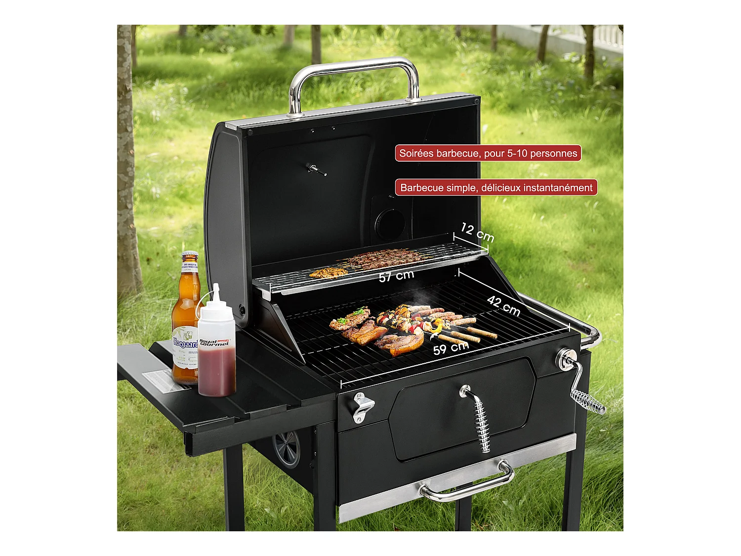 Barbecue à Charbon de Bois - Grilles de Cuisson en Acier Émaillé - Noir - 100 x 64,5 x 104,5 cm