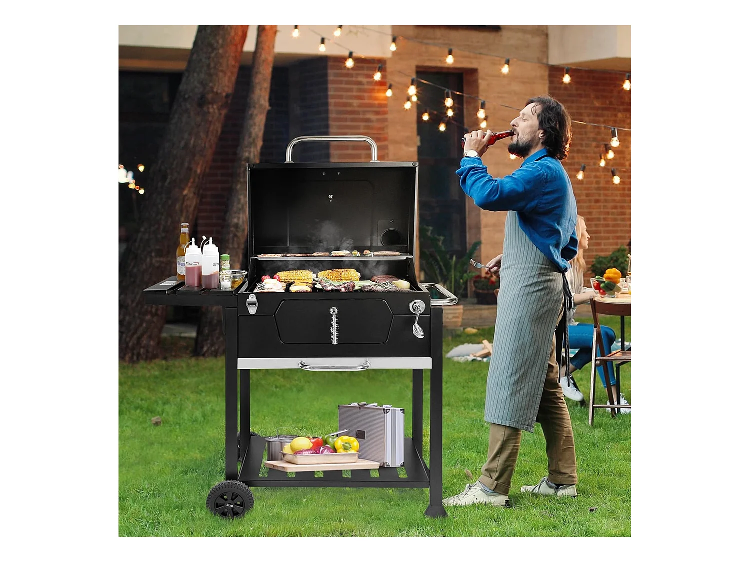 Barbecue à Charbon de Bois - Grilles de Cuisson en Acier Émaillé - Noir - 100 x 64,5 x 104,5 cm