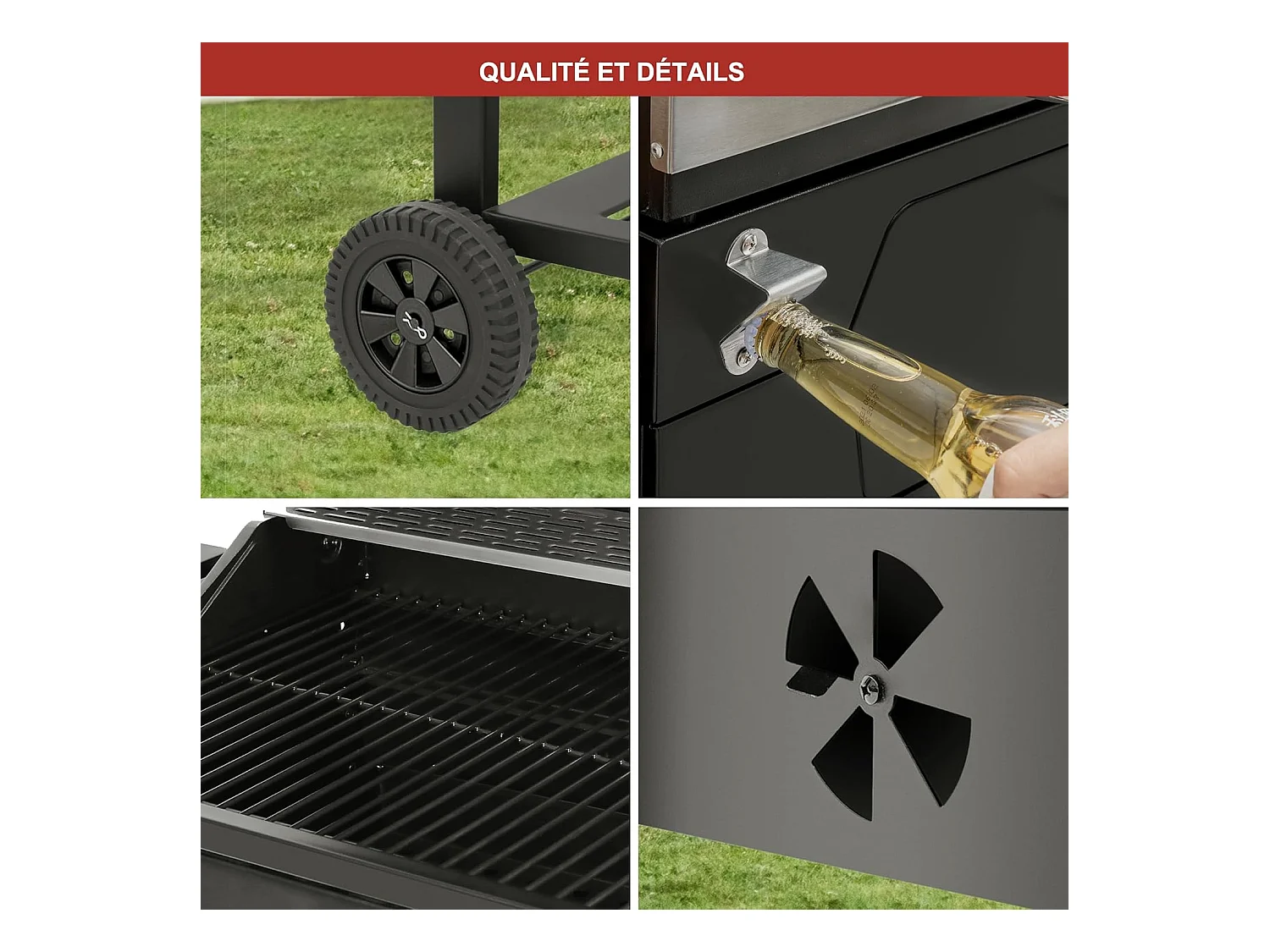 Barbecue à Charbon de Bois - Grilles de Cuisson en Acier Émaillé - Noir - 100 x 64,5 x 104,5 cm