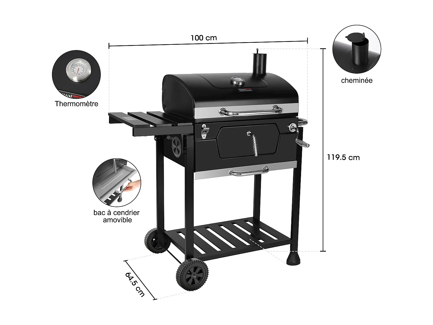 Barbecue à Charbon de Bois - Grilles de Cuisson en Acier Émaillé - Noir - 100 x 64,5 x 104,5 cm
