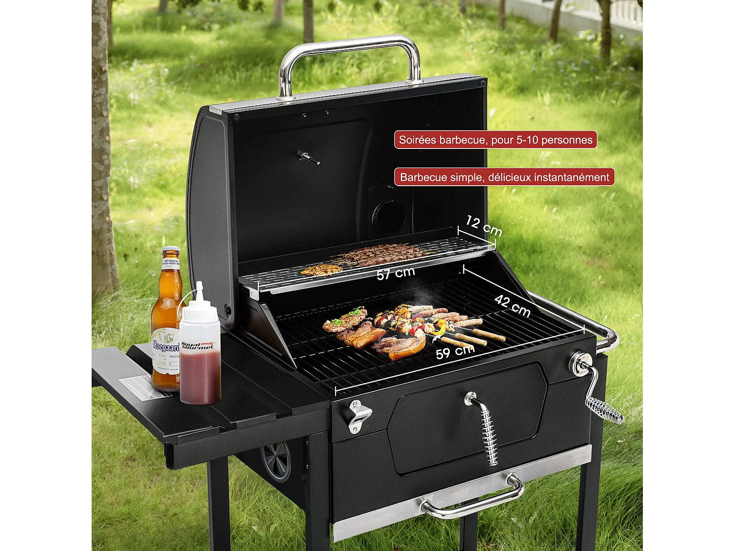 Barbecue à Charbon de Bois - Grilles de Cuisson en Acier Émaillé - Noir - 100 x 64,5 x 104,5 cm