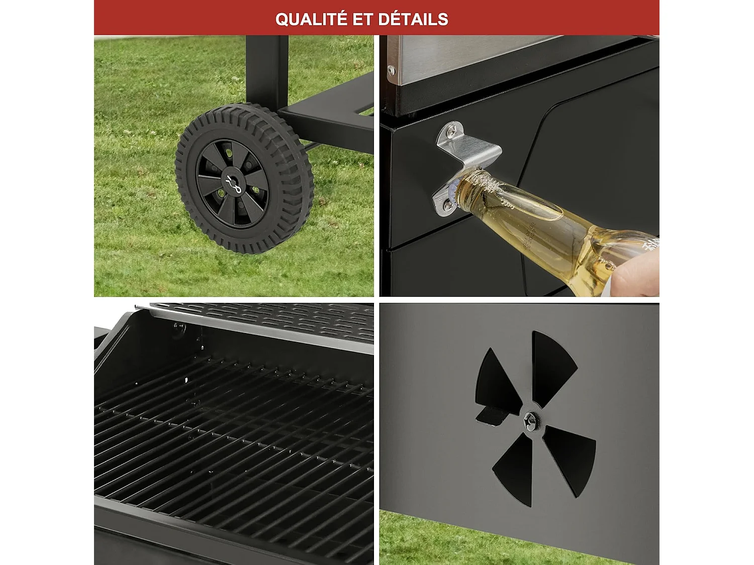 Barbecue à Charbon de Bois - Grilles de Cuisson en Acier Émaillé - Noir - 100 x 64,5 x 104,5 cm