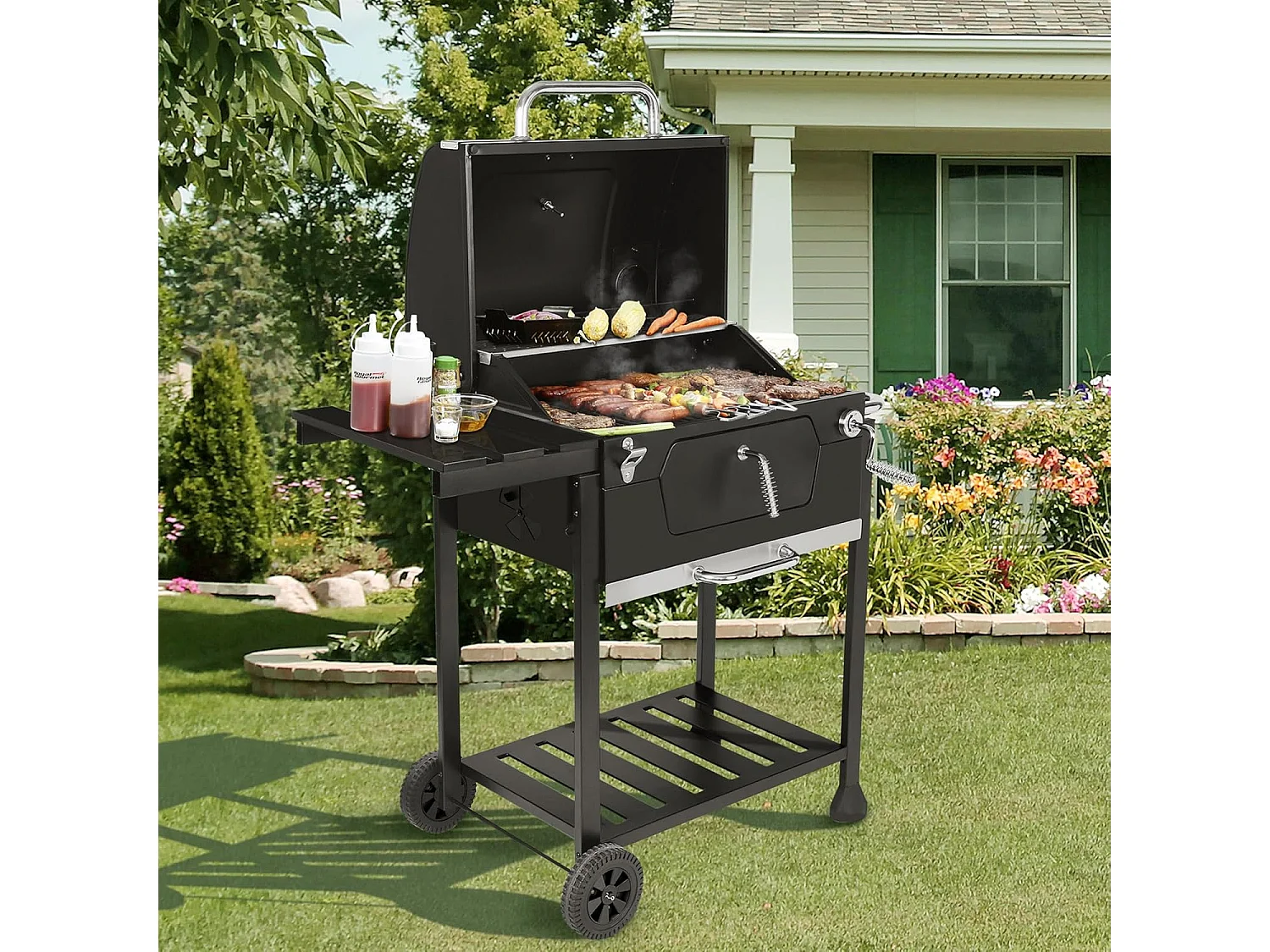 Barbecue à Charbon de Bois - Grilles de Cuisson en Acier Émaillé - Noir - 100 x 64,5 x 104,5 cm