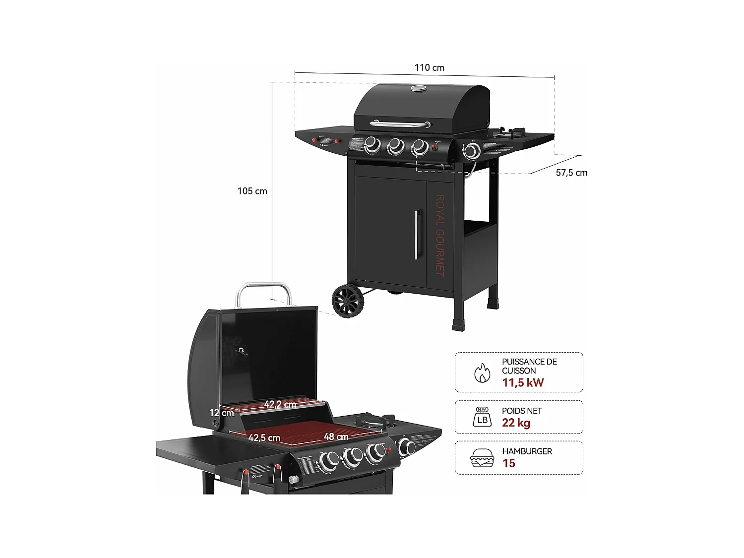 Barbecue Gaz à 3+1 Brûleurs Royal Gourmet - Gril à Gaz sur Chariot - Puissance 11,5 kW