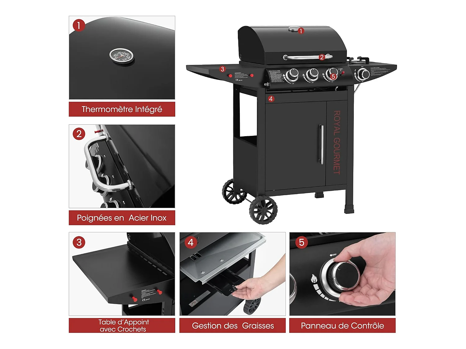 Barbecue Gaz à 3+1 Brûleurs Royal Gourmet - Gril à Gaz sur Chariot - Puissance 11,5 kW