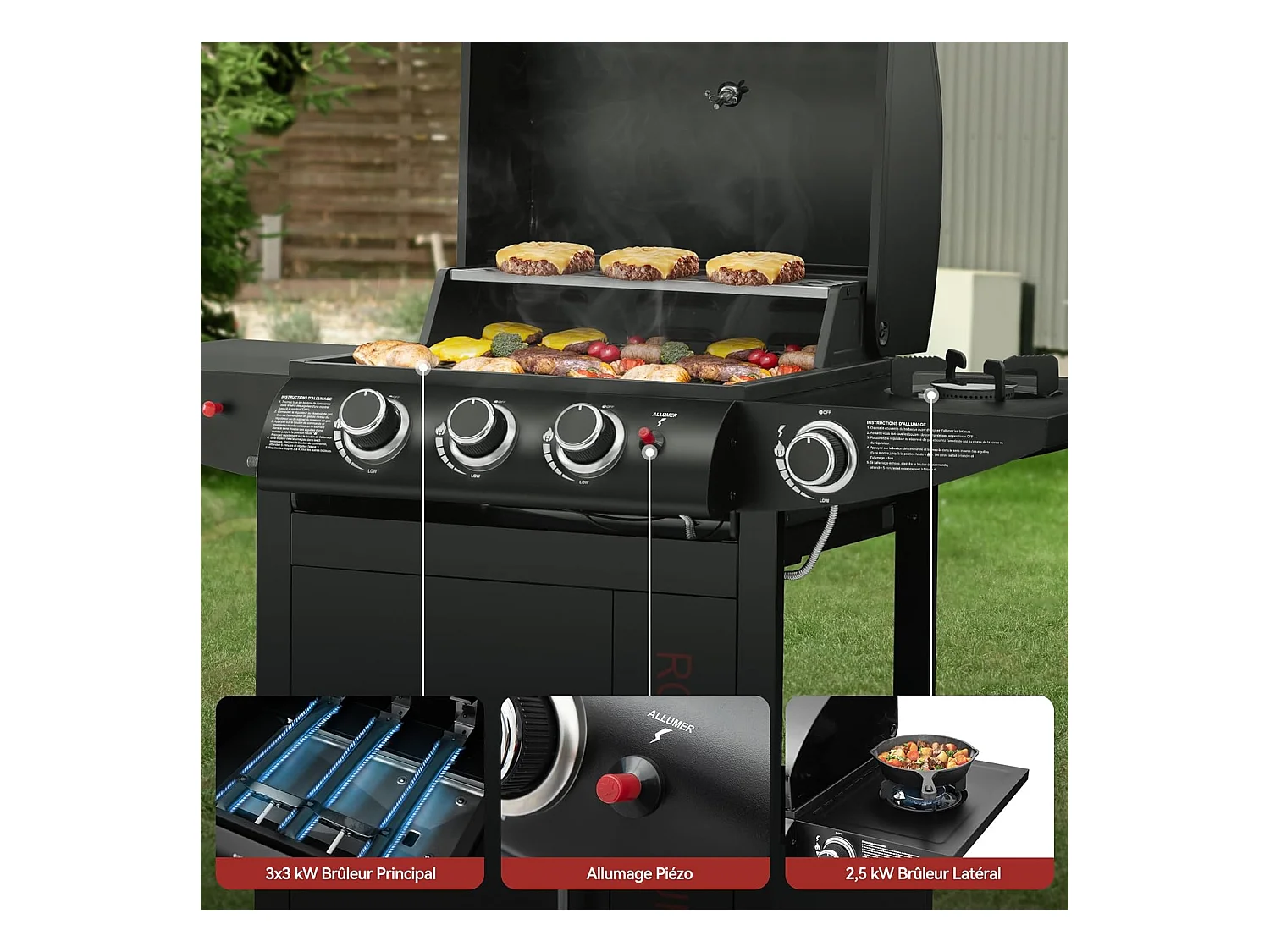 Barbecue Gaz à 3+1 Brûleurs Royal Gourmet - Gril à Gaz sur Chariot - Puissance 11,5 kW