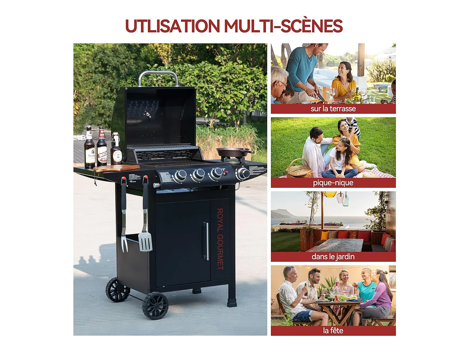 Barbecue Gaz à 3+1 Brûleurs Royal Gourmet - Gril à Gaz sur Chariot - Puissance 11,5 kW