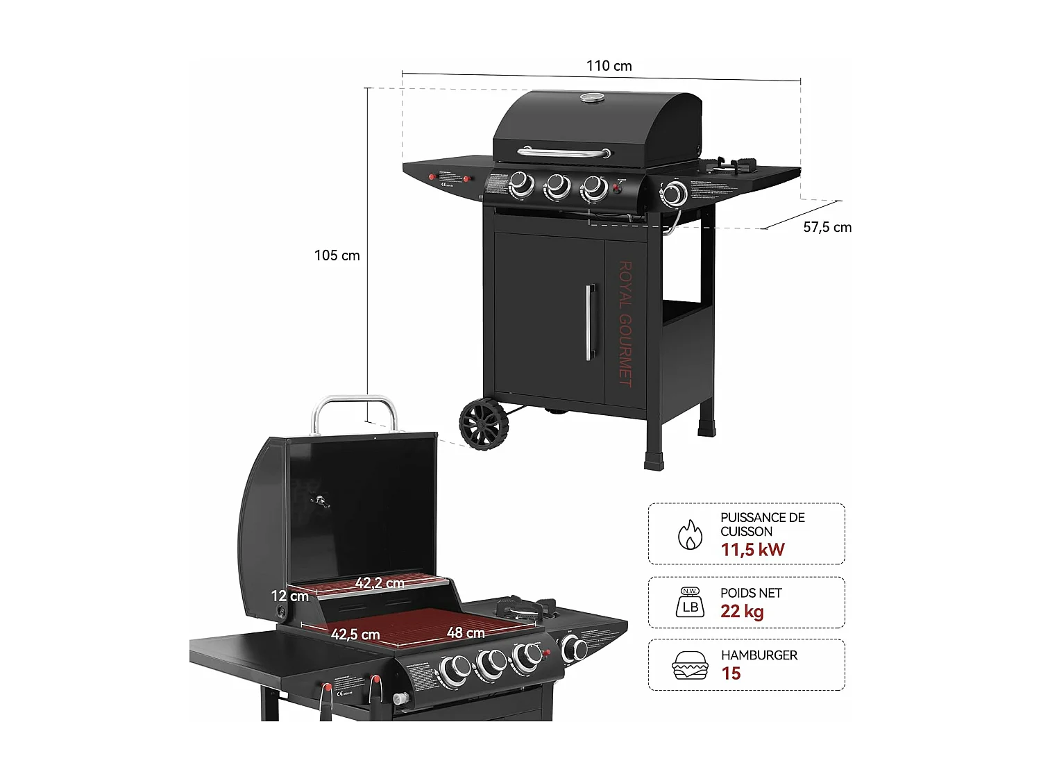 Barbecue Gaz à 3+1 Brûleurs Royal Gourmet - Gril à Gaz sur Chariot - Puissance 11,5 kW