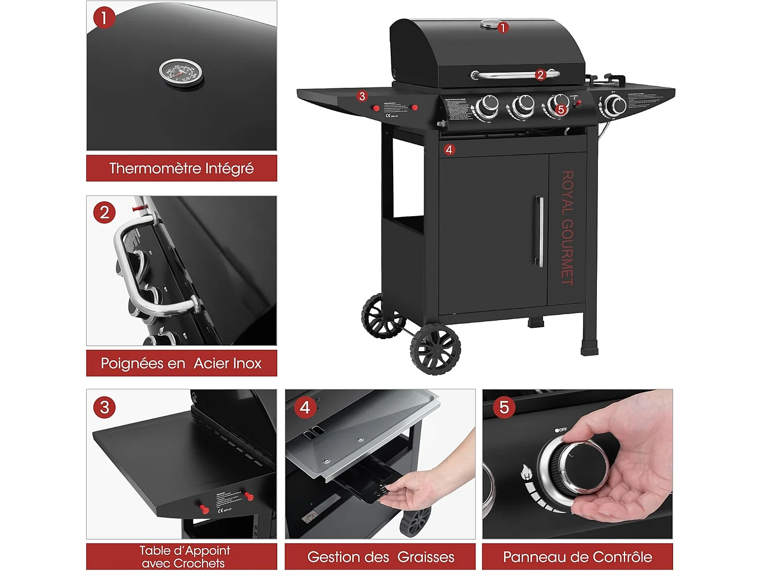 Barbecue Gaz à 3+1 Brûleurs Royal Gourmet - Gril à Gaz sur Chariot - Puissance 11,5 kW