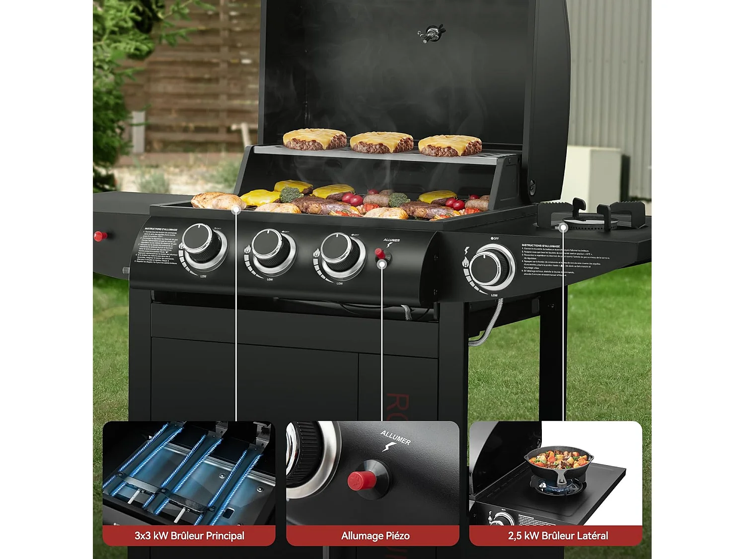 Barbecue Gaz à 3+1 Brûleurs Royal Gourmet - Gril à Gaz sur Chariot - Puissance 11,5 kW