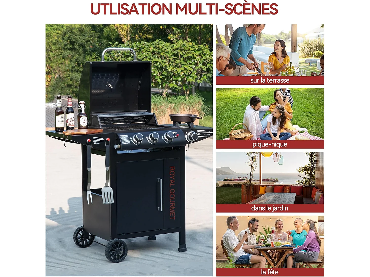 Barbecue Gaz à 3+1 Brûleurs Royal Gourmet - Gril à Gaz sur Chariot - Puissance 11,5 kW