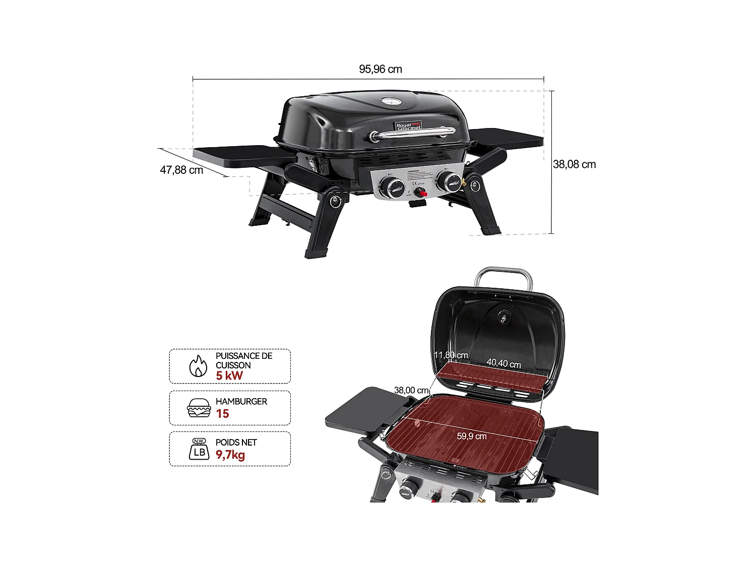 Barbecue Gaz Portable Royal Gourmet - Barbecue Grille avec Tables Latérales Pliables et Couvercle, 2 Brûleurs de Puissance 5kW