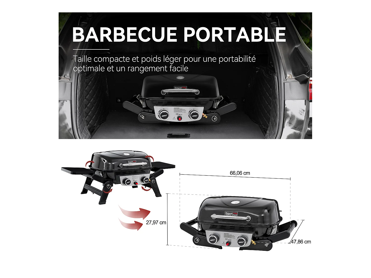 Barbecue Gaz Portable Royal Gourmet - Barbecue Grille avec Tables Latérales Pliables et Couvercle, 2 Brûleurs de Puissance 5kW