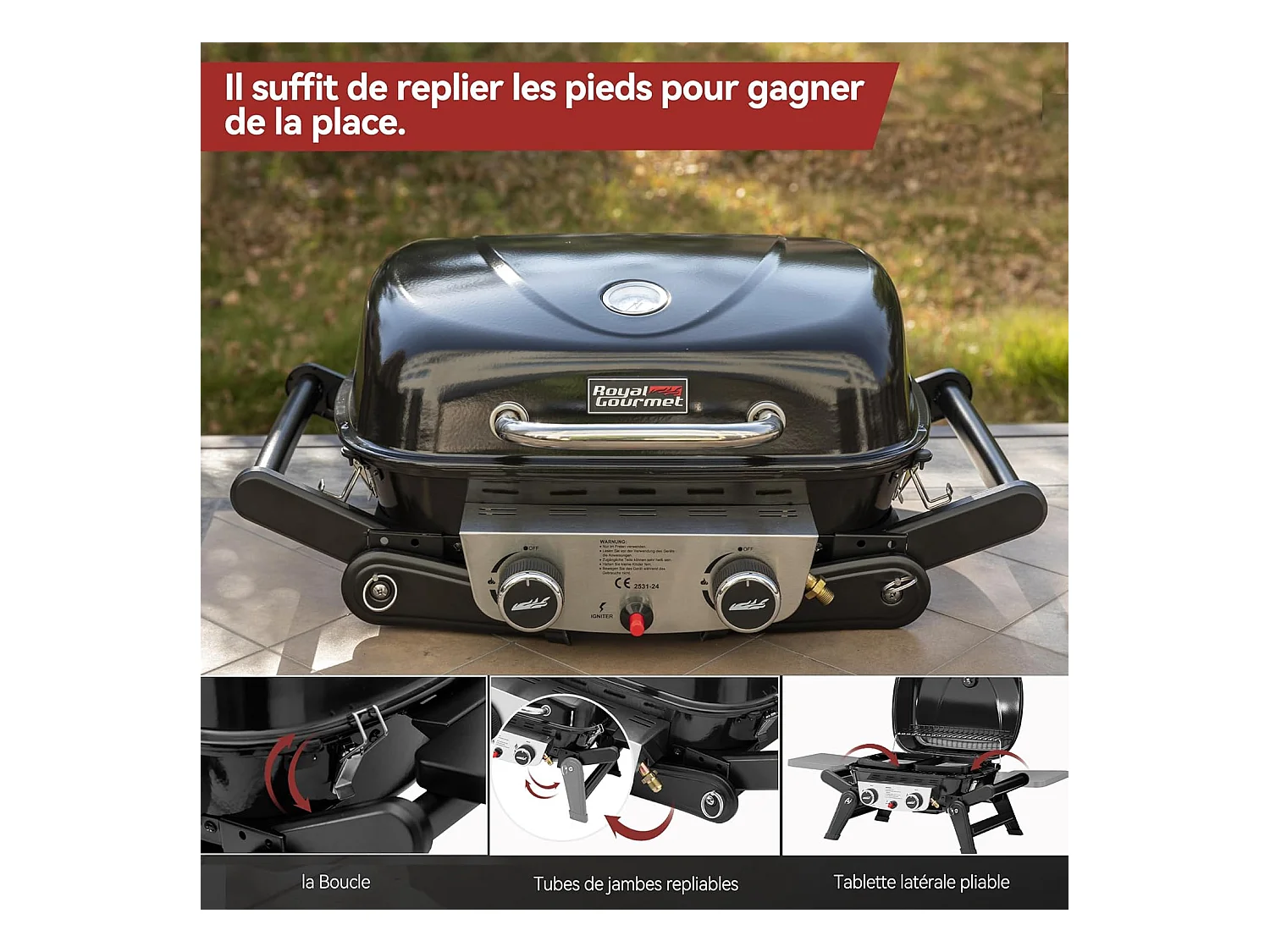 Barbecue Gaz Portable Royal Gourmet - Barbecue Grille avec Tables Latérales Pliables et Couvercle, 2 Brûleurs de Puissance 5kW