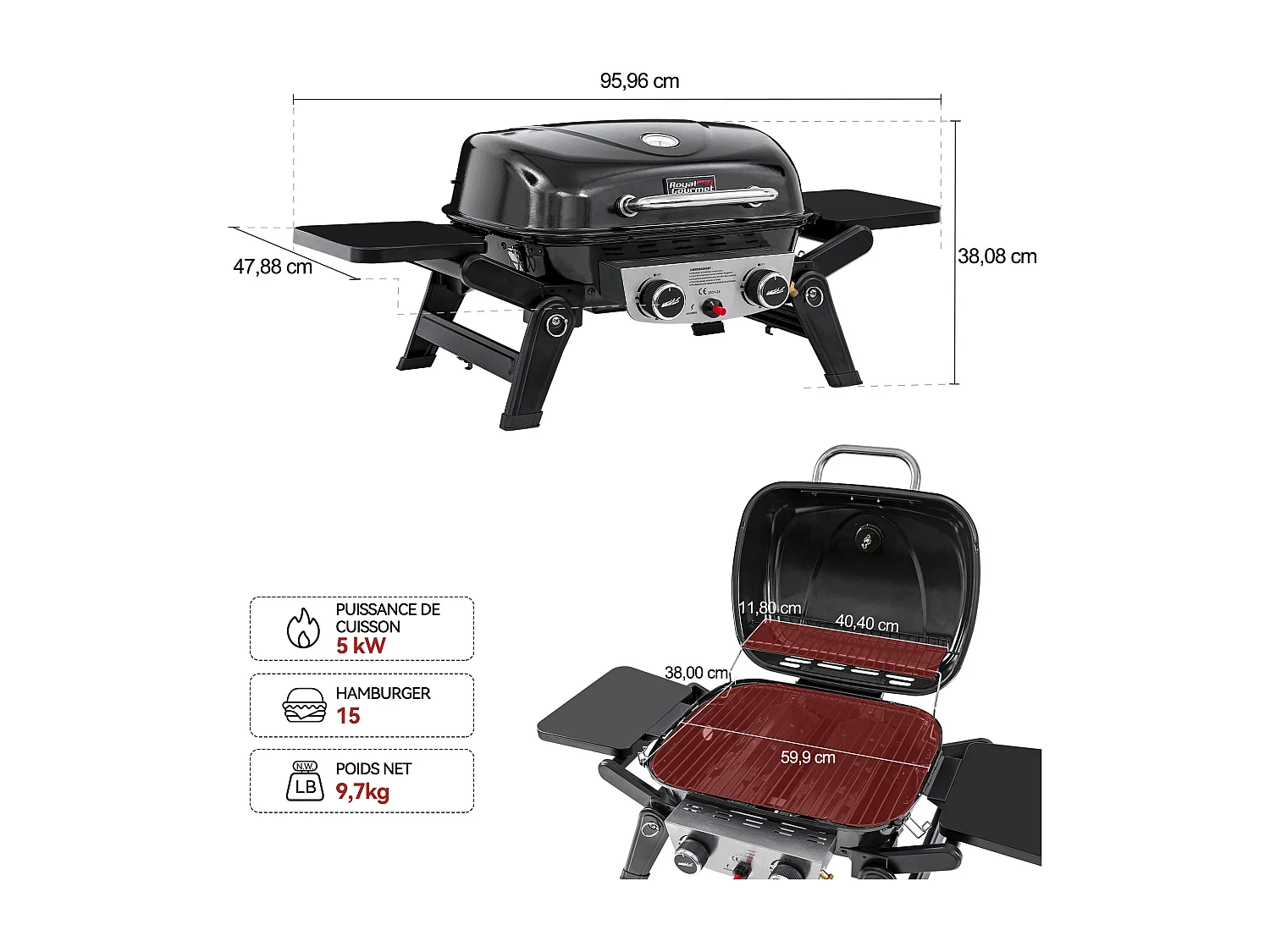 Barbecue Gaz Portable Royal Gourmet - Barbecue Grille avec Tables Latérales Pliables et Couvercle, 2 Brûleurs de Puissance 5kW