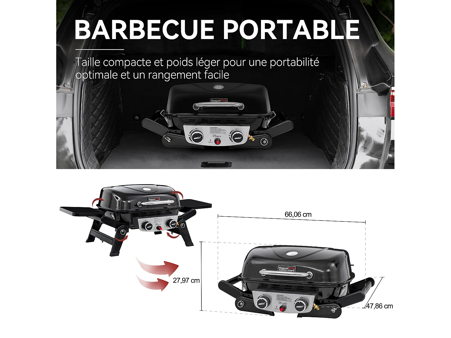 Barbecue Gaz Portable Royal Gourmet - Barbecue Grille avec Tables Latérales Pliables et Couvercle, 2 Brûleurs de Puissance 5kW