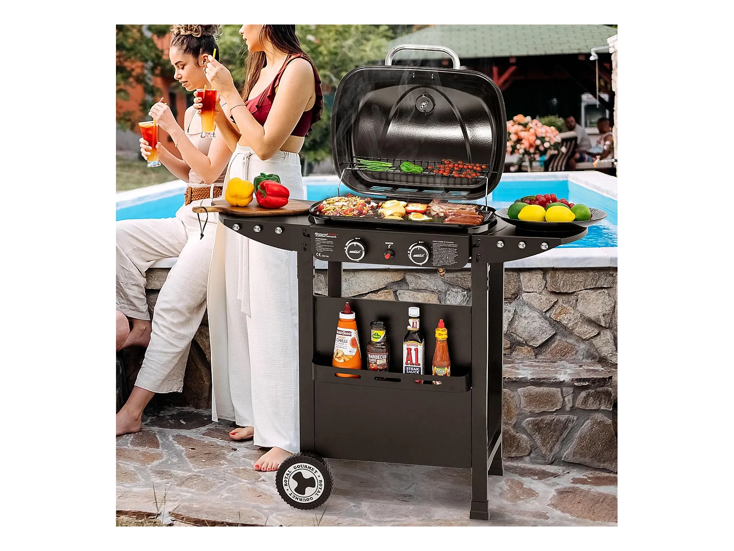 2 Brûleurs Barbecue Gaz sur Chariot Royal Gourmet - 2 en 1 Plaque et Grille Combinés avec Tables Latérales Pliables et Couvercle, Puissance 5 kW