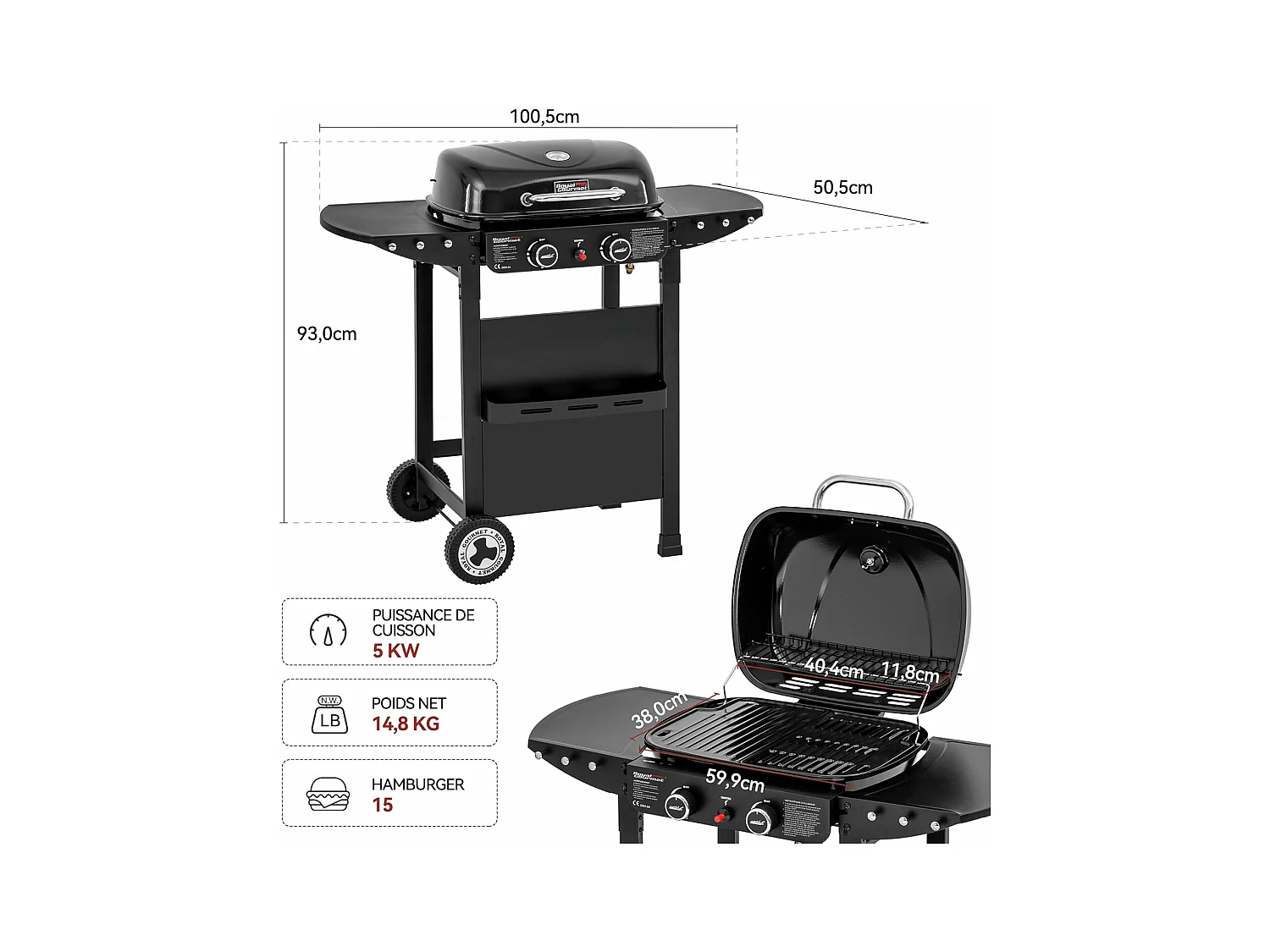 2 Brûleurs Barbecue Gaz sur Chariot Royal Gourmet - 2 en 1 Plaque et Grille Combinés avec Tables Latérales Pliables et Couvercle, Puissance 5 kW