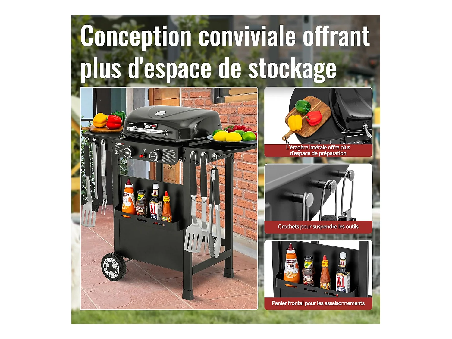 2 Brûleurs Barbecue Gaz sur Chariot Royal Gourmet - 2 en 1 Plaque et Grille Combinés avec Tables Latérales Pliables et Couvercle, Puissance 5 kW