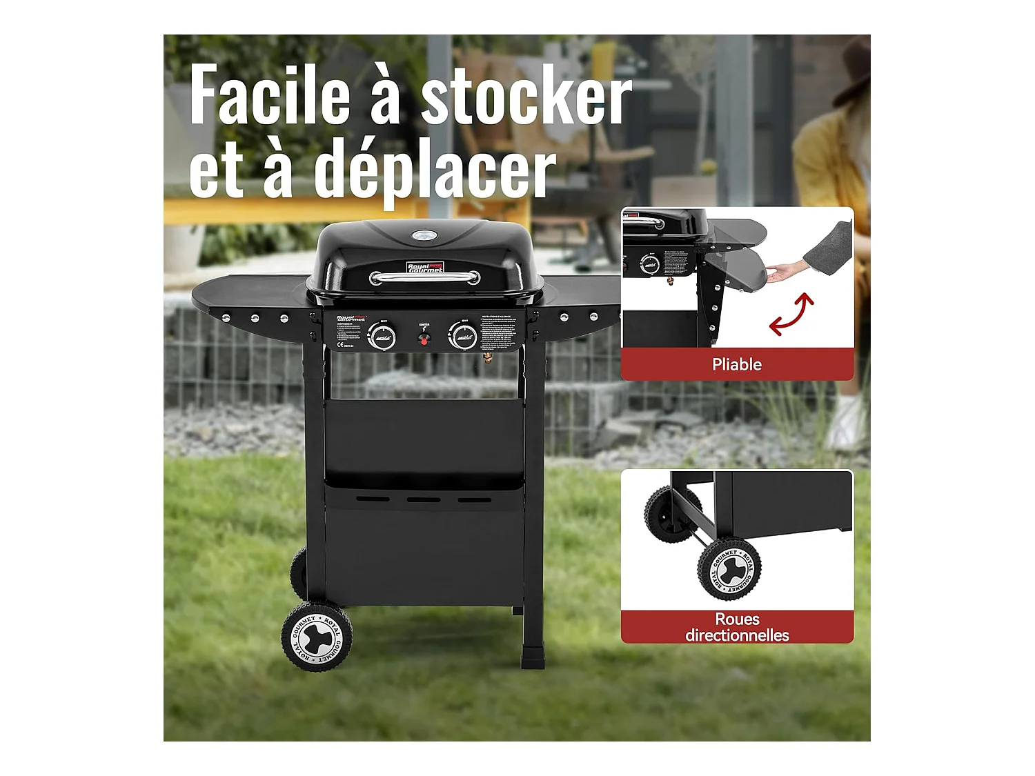 2 Brûleurs Barbecue Gaz sur Chariot Royal Gourmet - 2 en 1 Plaque et Grille Combinés avec Tables Latérales Pliables et Couvercle, Puissance 5 kW