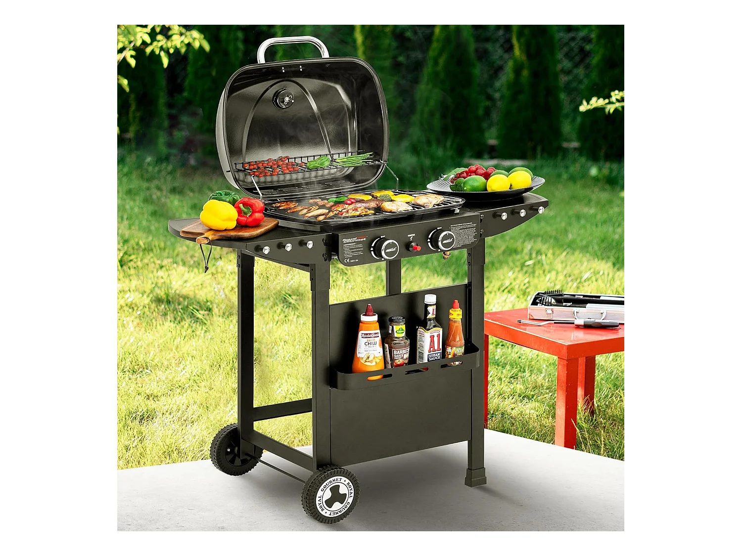 2 Brûleurs Barbecue Gaz sur Chariot Royal Gourmet - 2 en 1 Plaque et Grille Combinés avec Tables Latérales Pliables et Couvercle, Puissance 5 kW