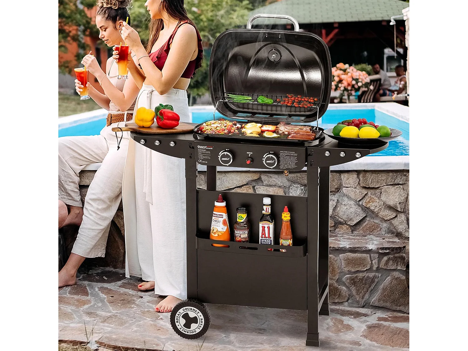 2 Brûleurs Barbecue Gaz sur Chariot Royal Gourmet - 2 en 1 Plaque et Grille Combinés avec Tables Latérales Pliables et Couvercle, Puissance 5 kW