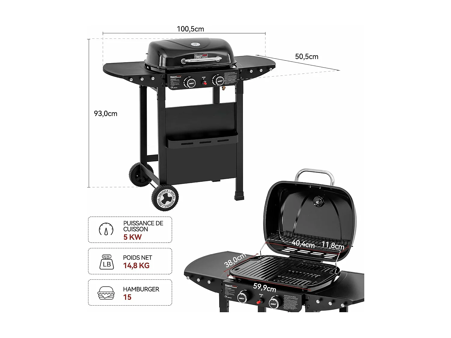 2 Brûleurs Barbecue Gaz sur Chariot Royal Gourmet - 2 en 1 Plaque et Grille Combinés avec Tables Latérales Pliables et Couvercle, Puissance 5 kW