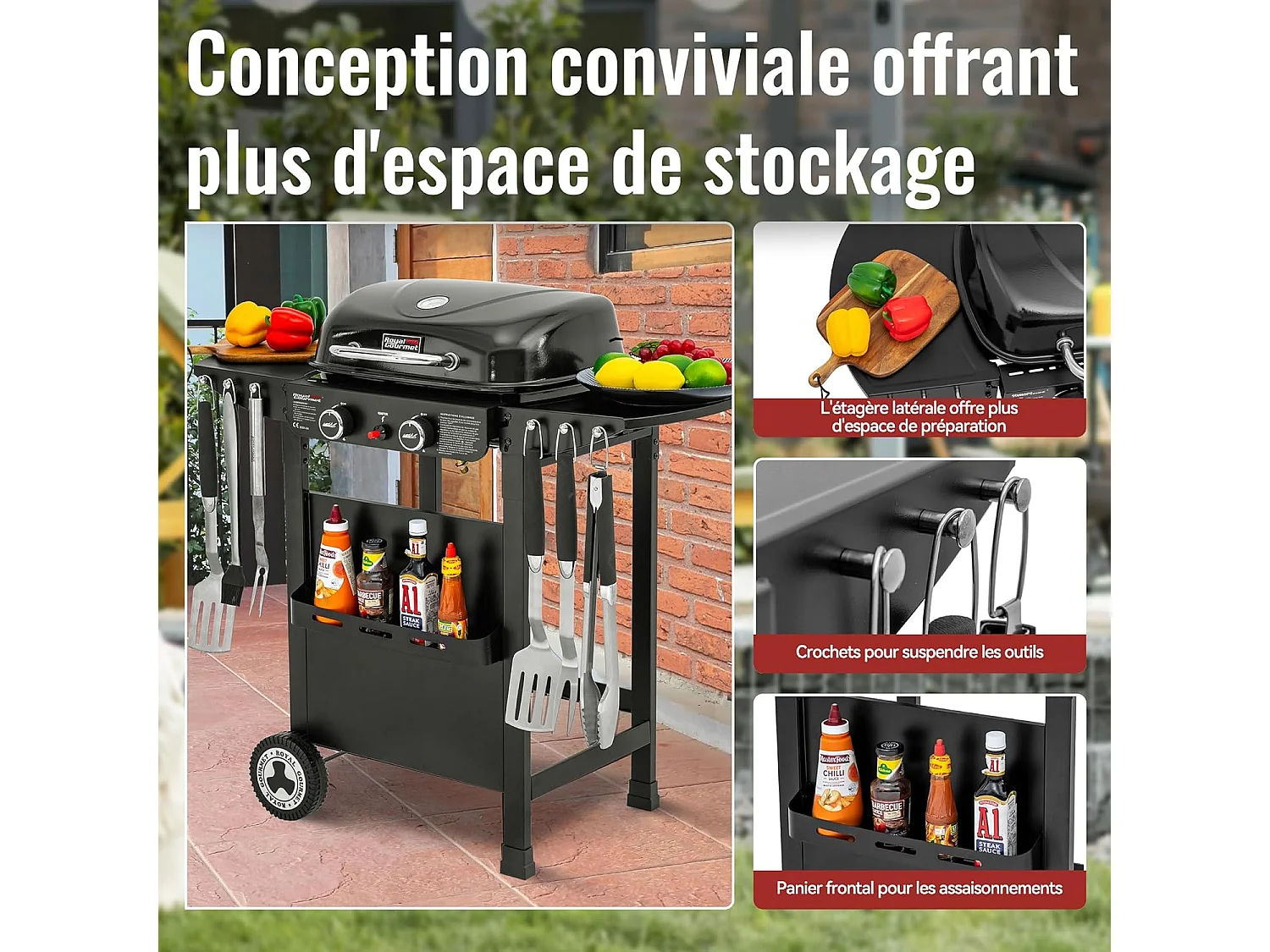 2 Brûleurs Barbecue Gaz sur Chariot Royal Gourmet - 2 en 1 Plaque et Grille Combinés avec Tables Latérales Pliables et Couvercle, Puissance 5 kW