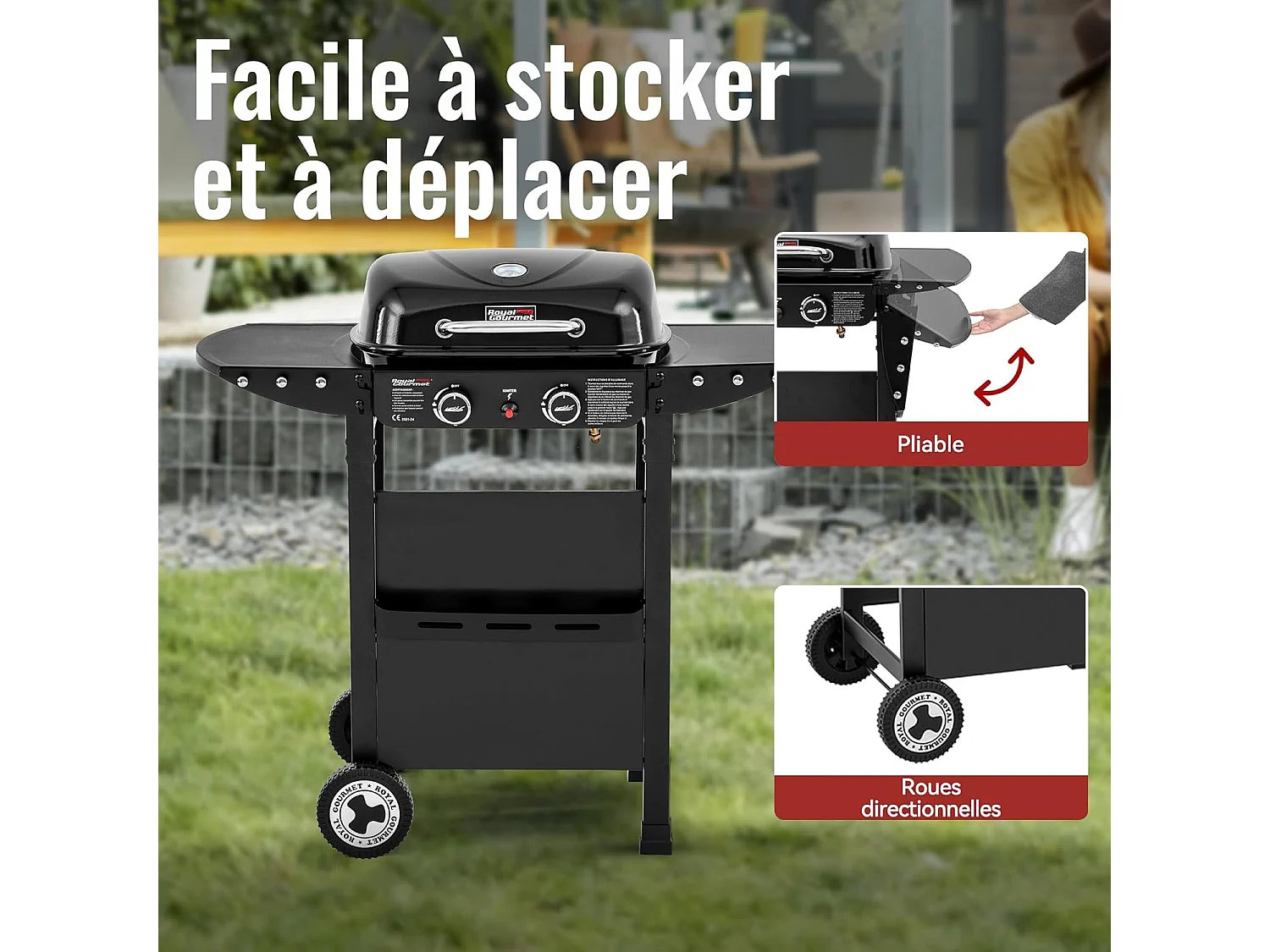 2 Brûleurs Barbecue Gaz sur Chariot Royal Gourmet - 2 en 1 Plaque et Grille Combinés avec Tables Latérales Pliables et Couvercle, Puissance 5 kW