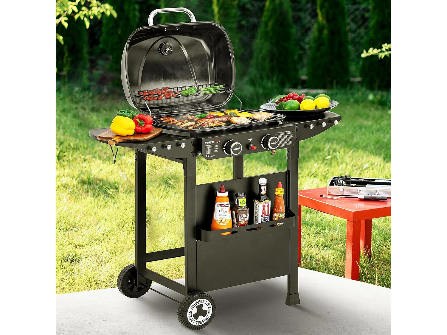 2 Brûleurs Barbecue Gaz sur Chariot Royal Gourmet - 2 en 1 Plaque et Grille Combinés avec Tables Latérales Pliables et Couvercle, Puissance 5 kW