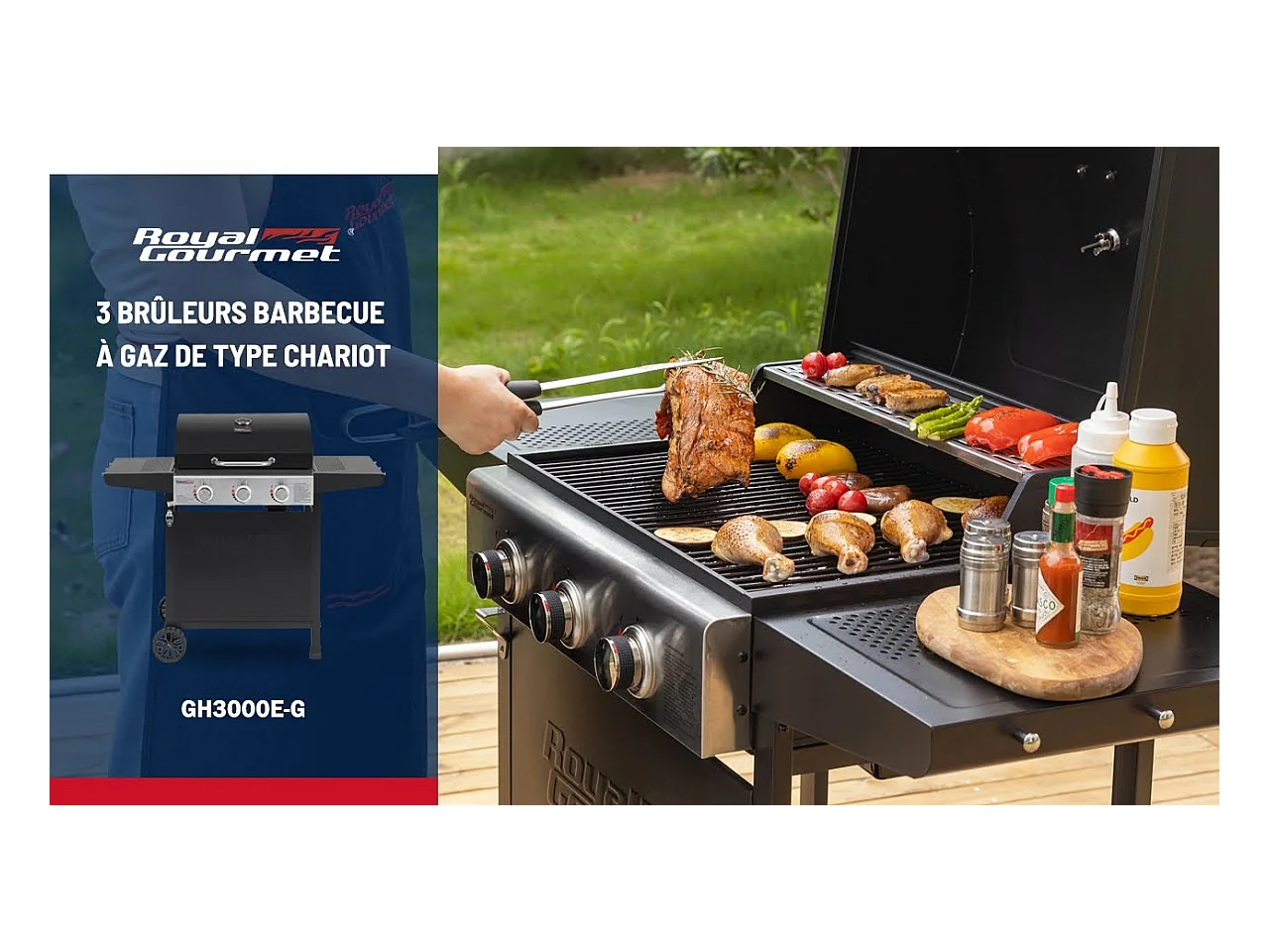 Barbecue Gaz sur Chariot Royal Gourmet à 3 Brûleurs - Puissance 9kW - Noir - 121,6 x 57,8 x 105 cm