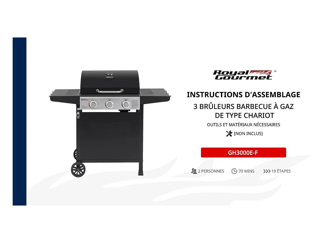 Barbecue Gaz sur Chariot Royal Gourmet à 3 Brûleurs - Puissance 9kW - Noir - 121,6 x 57,8 x 105 cm