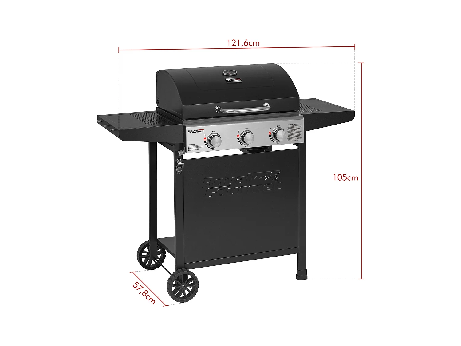 Barbecue Gaz sur Chariot Royal Gourmet à 3 Brûleurs - Puissance 9kW - Noir - 121,6 x 57,8 x 105 cm