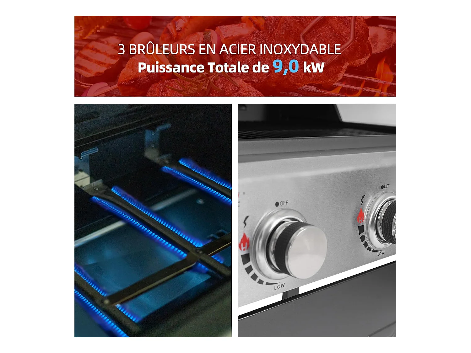 Barbecue Gaz sur Chariot Royal Gourmet à 3 Brûleurs - Puissance 9kW - Noir - 121,6 x 57,8 x 105 cm