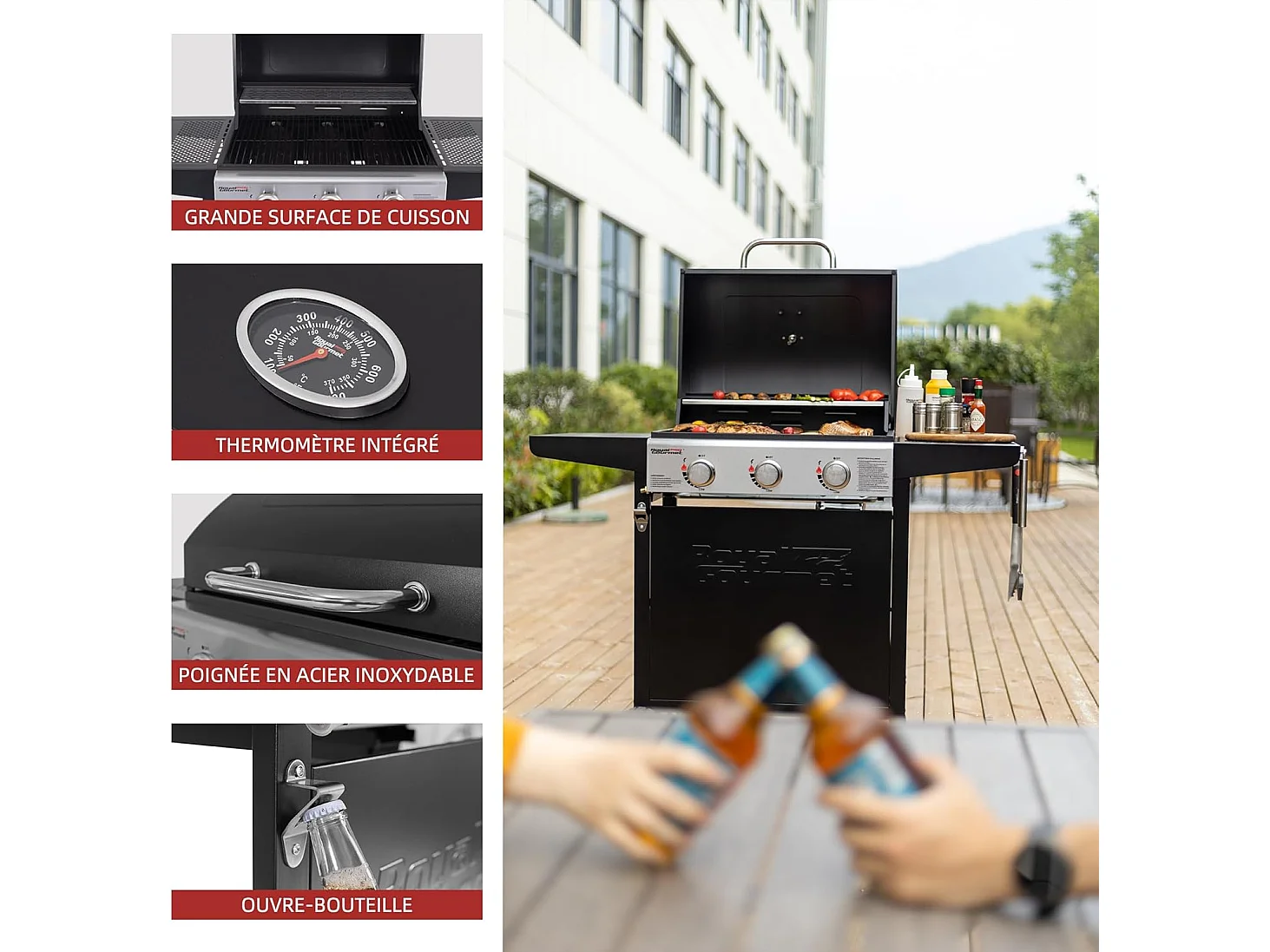 Barbecue Gaz sur Chariot Royal Gourmet à 3 Brûleurs - Puissance 9kW - Noir - 121,6 x 57,8 x 105 cm