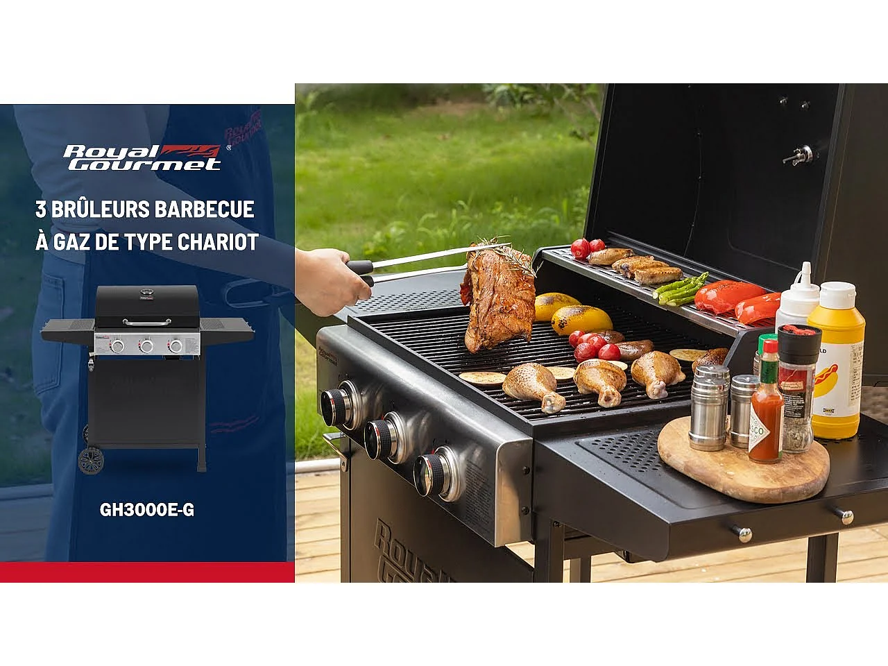 Barbecue Gaz sur Chariot Royal Gourmet à 3 Brûleurs - Puissance 9kW - Noir - 121,6 x 57,8 x 105 cm